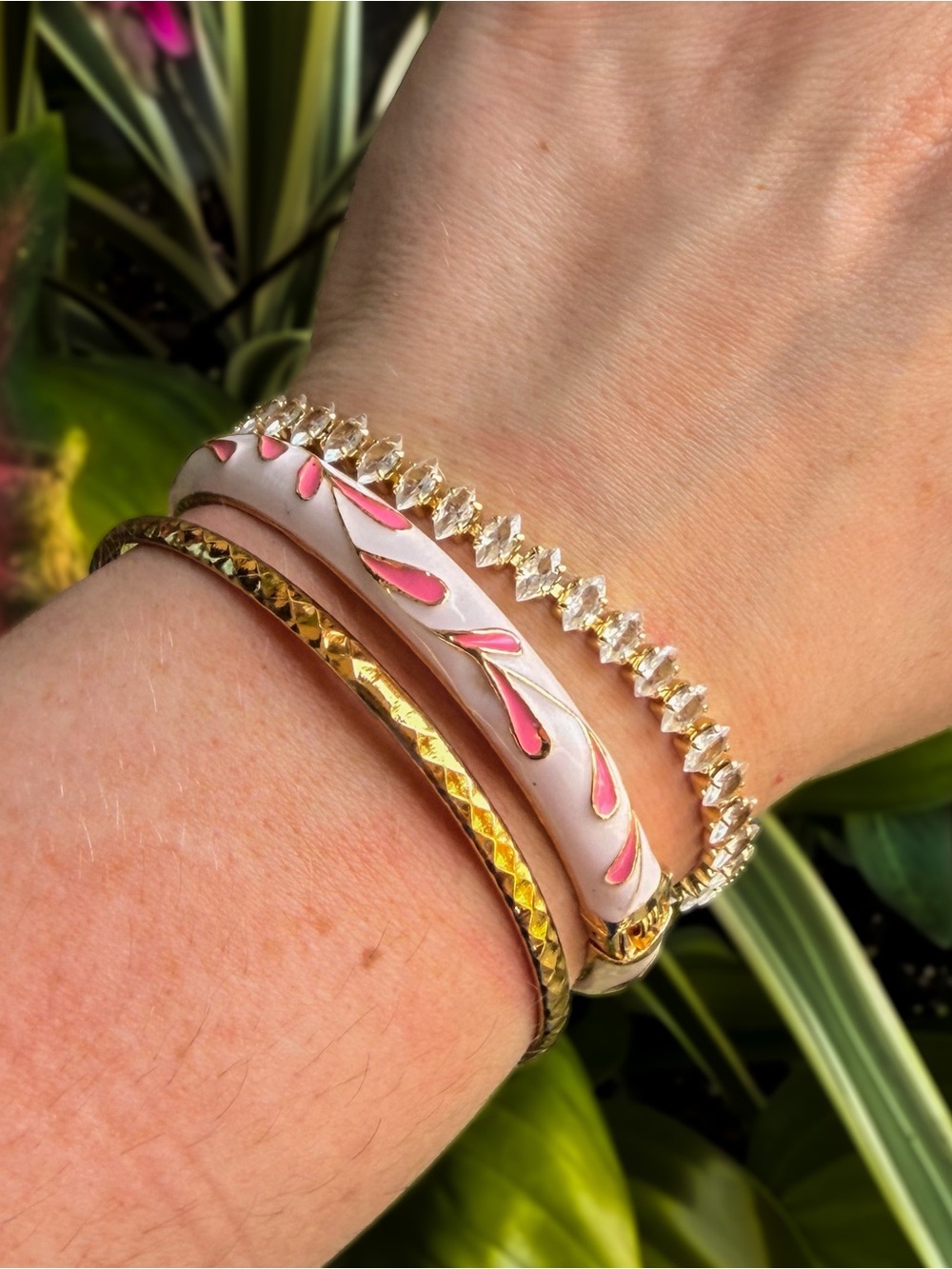 14K Gold Plated Hand-Painted Stylish Pink Enamel and Gold Bracelet Cuff